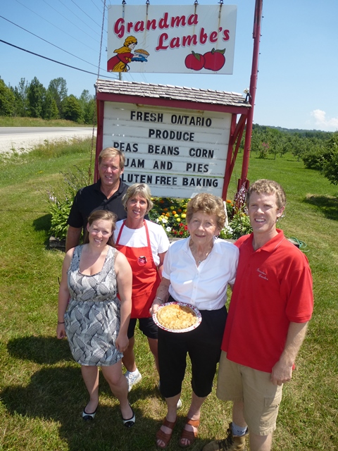 Grandma (Grace) Lambe is shown here with son Dave, daughter Darlene Smith, grandson Blake, great granddaughter Heather Smith and one of the pies sheâ€™s famous for. 