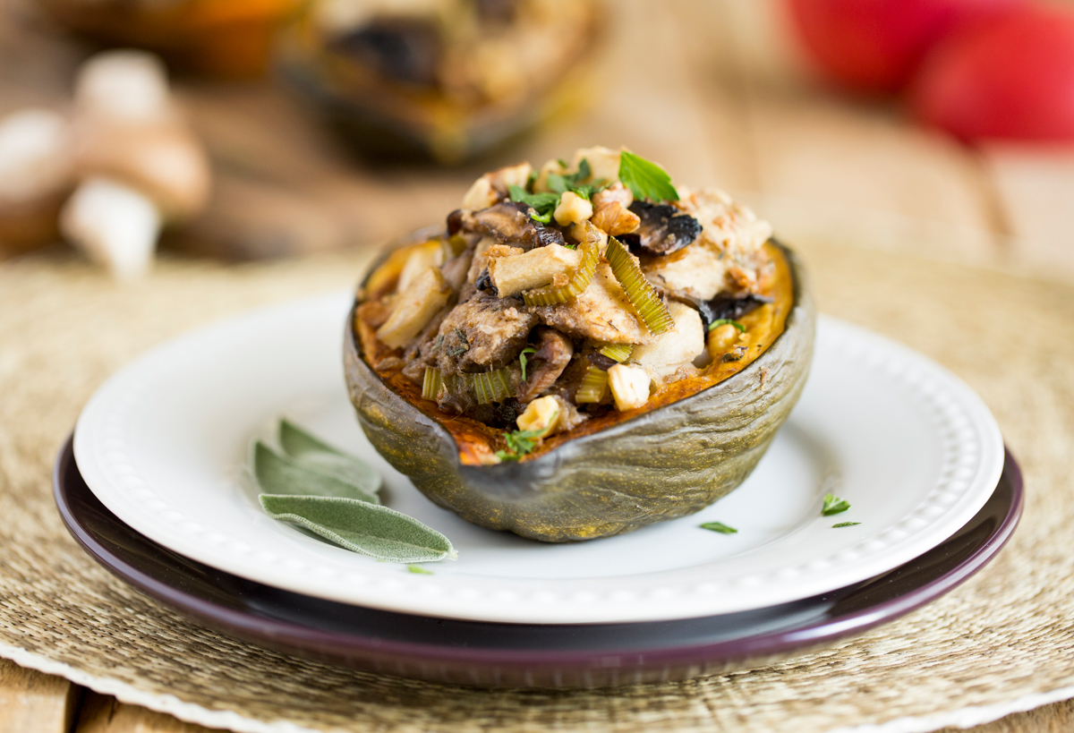 Mushroom, Apple, and Walnut Stuffed Acorn Squash