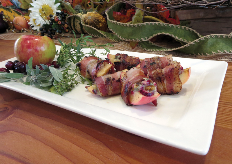 Bacon Wrapped Apples Stuffed with Cranberries, Walnuts & Blue Cheese